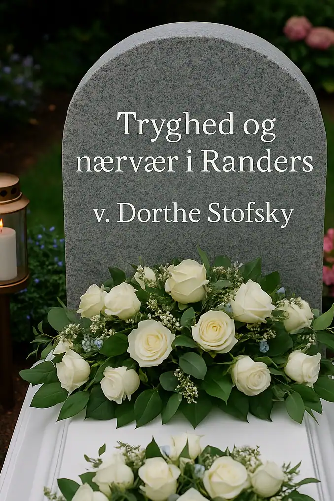 Billedet viser en gravsten med blomster, der symboliserer fred og trøst i sorgens stund.