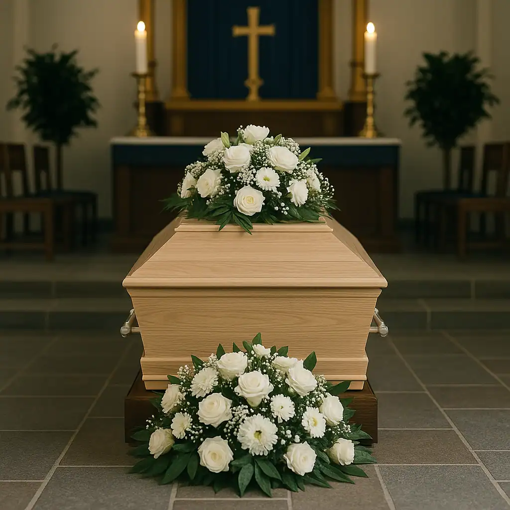 Respektfuld begravelse med smukke blomsterarrangementer.