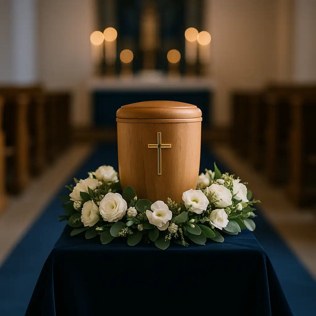 Bisættelse med kiste og blomster ved kirke i Randers.