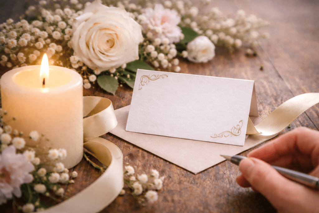 Kondolencekort med bånd, blomster og lys – en stille hilsen ved dødsfald