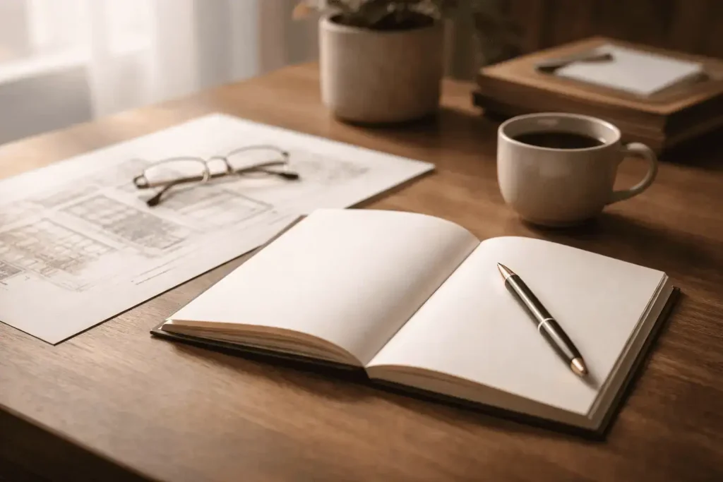 Åben notesbog og pen i morgenlys symboliserer beslutningen om at starte Stofsky Begravelse