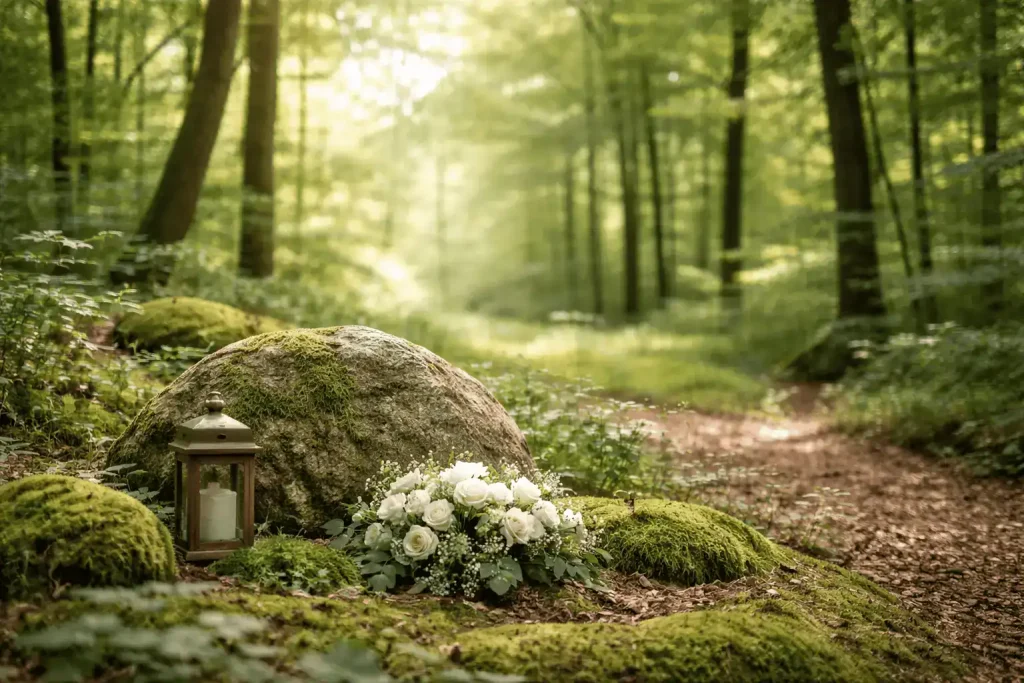 Skovbegravelse i roligt skovmiljø med natur og fredfyldt stemning